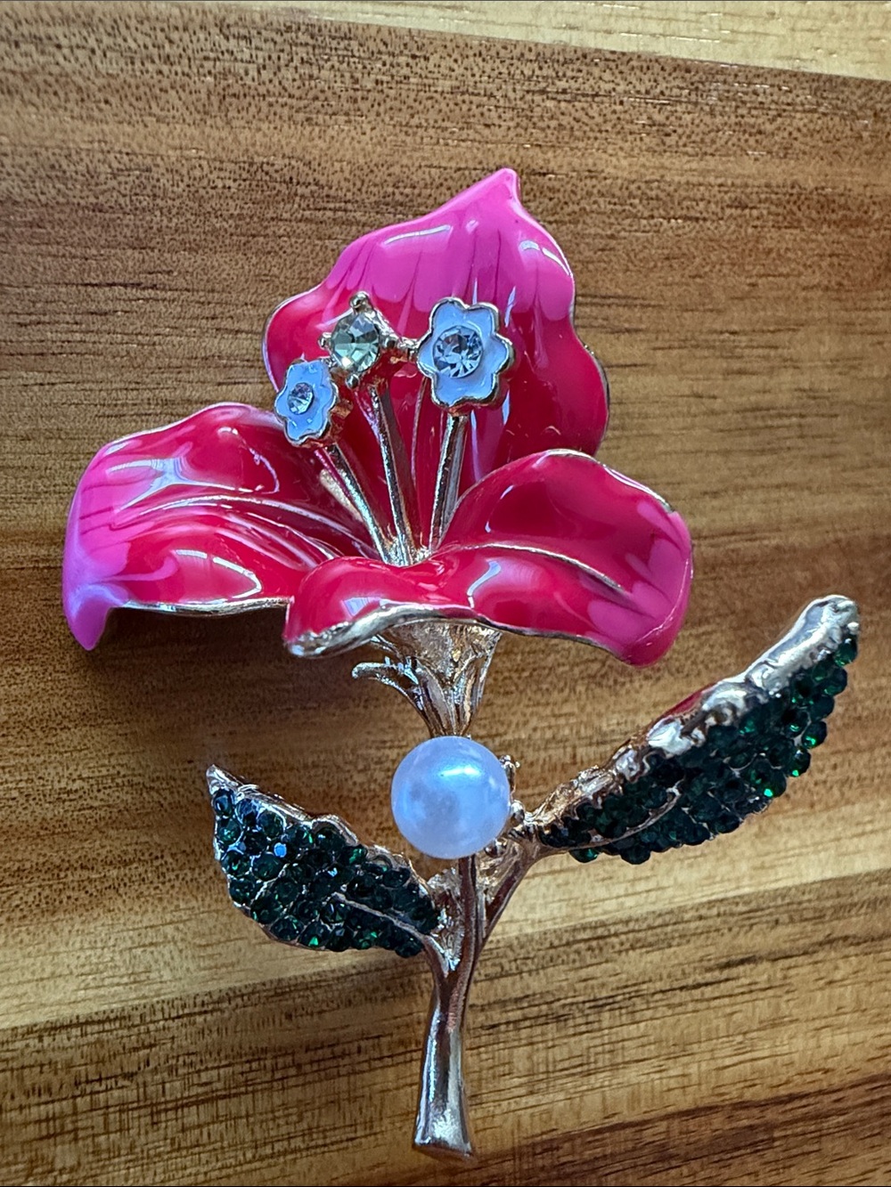 Pink Floral Enamel Green Crystal Leaves & Pearl Brooch